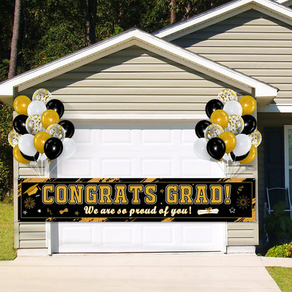 36 Pieces Class of 2025 Graduation Party Decorations Banner, Large Congrats Grad Banner with 35 Pieces Balloons 2025 Yard Signs for High School College Graduation Party Supplies(Black Gold)