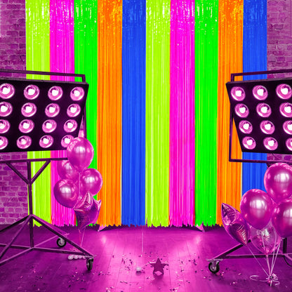 2 Pack Neon Foil Fringe Curtains Glow in The Dark Tinsel Streamers Fluorescent Macaron Foil Fringe Backdrop Neon Party Photo Booth Prop for Glow Birthday Wedding Blacklight Party Decor, 3.3 x 6.6 Ft