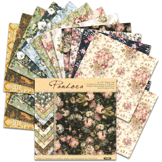 Scrapbook Paper Pack 6x6, 24 Sheets Vintage Scrapbooking Paper Floral Paper One Single-Side Decopodge Paper Supplies For Layout Junk Journal Card-Making Decorative Background Ephemera