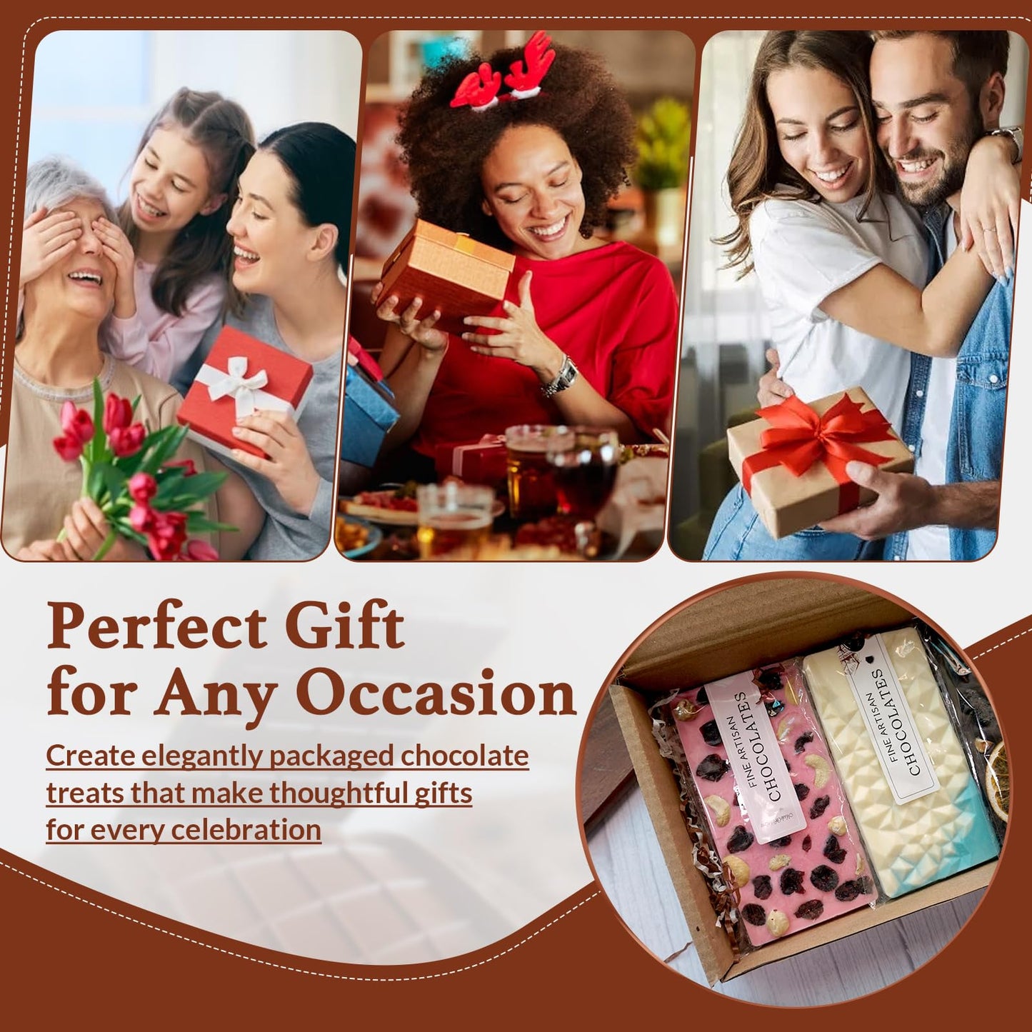 Chocolate Candy Bar Mold Silicone with 50 Clear Wrappers/Stickers/Plastic Scraper and Reusable Storage Bag, Lover Mothers Fathers Day DIY Chocolate Molds Gift