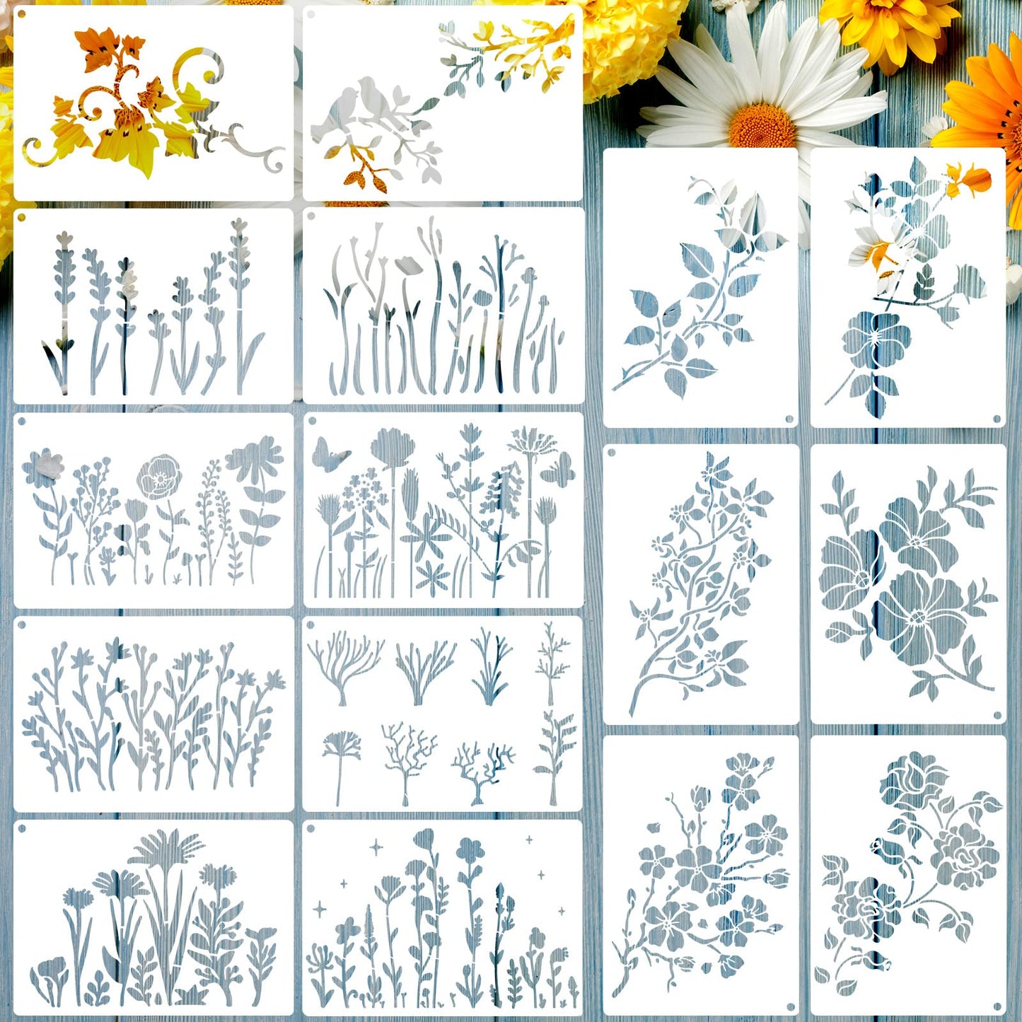 16 Pieces Wild Flower Stencils Spring Reusable Template DIY Small Flower Painting Stencils for Painting on Wood Canvas Journal Paper Fabric Floor Wall Card Decor