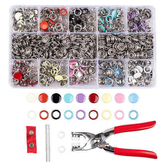 200 Set Snap Button Kit - 9.5mm 10 Colors Snaps for Fabric - Fastener Pliers & Snap Fastener Tool - 100 Hollow & 100 Solid - Suitable for DIY, Sewing, Crafting