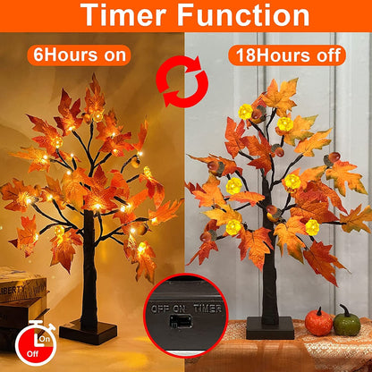 [ 2 Pack & Timer ]   24 Inch Lighted Maple Tree Fall Decor, Total 48 LED Battery Operated Tabletop Artificial Tree Design Patent Pumpkin & Acorn Thanksgiving Halloween Decoration Home Indoor