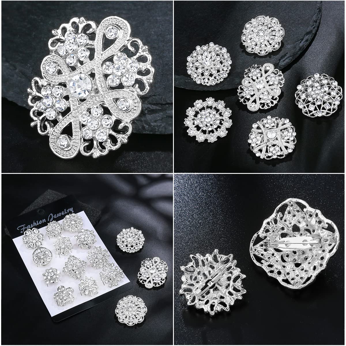 36 Pieces Crystal Rhinestone Flower Brooches for DIY Craft Party (Silver 36pcs)