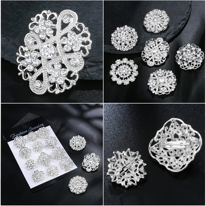 36 Pieces Crystal Rhinestone Flower Brooches for DIY Craft Party (Silver 36pcs)