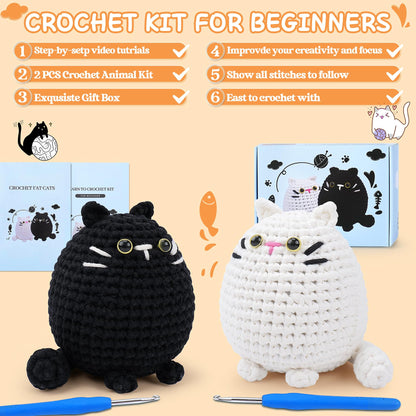 Crochet Kit for Beginners-2PCS Cat Crochet Kits for Adults Kids, Crochet Starter Kit with Step-by-Step Video Tutorials, Crochet Animals Kits DIY Craft Knitting Kit Learn to Crochet Kits for Adults
