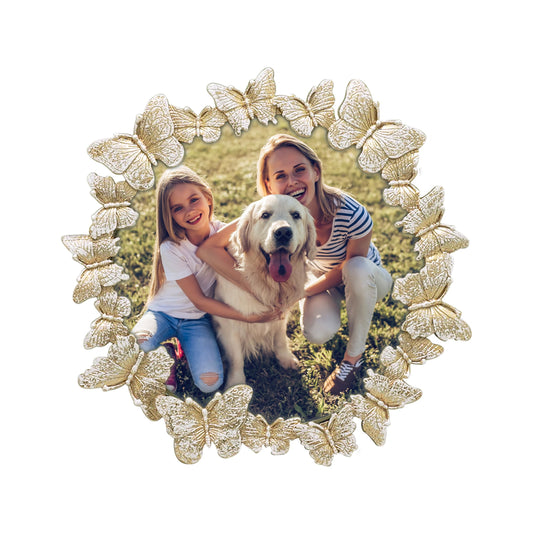 Round Butterfly Picture Frame with Gold With White Painted Frame 4”x4” Personalized Photo Frame Round Shape, for Vertical Display on Tabletop, Home Decor, Wedding or any Milestone Photos