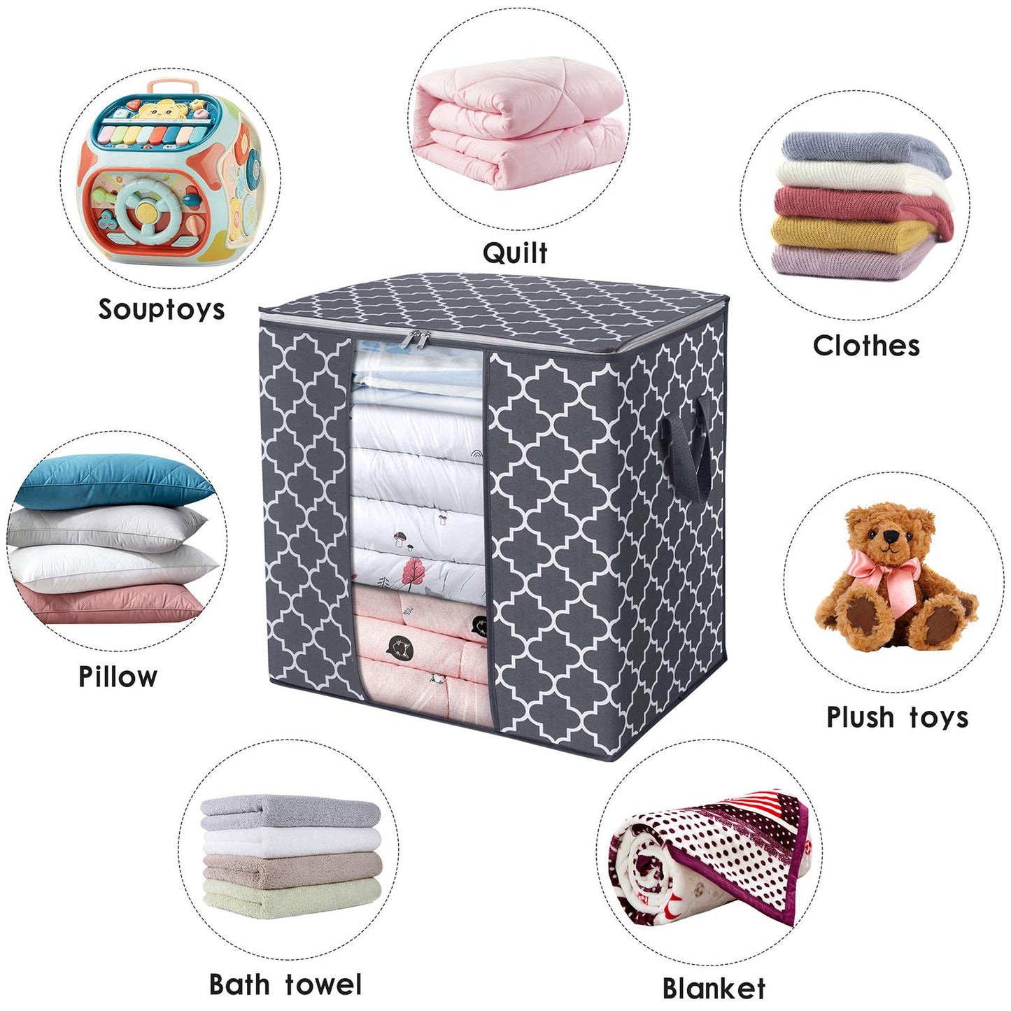 Storage Bags [3 Pack/100L] Large Blanket Clothes Organization and Storage Containers for Comforters,Bedding, Foldable Organizer with Reinforced Handle, Clear Window, Sturdy Zippers,Gray