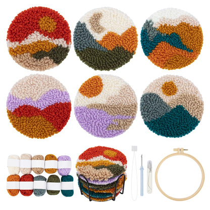 Punch Needle Coasters Kit, Punch Needle Embroidery Kits for Adults and Beginners - Including Patterns, Tools, Yarns, Hoop, Instruction, Coaster Holder Art Craft Supplies - Landscape