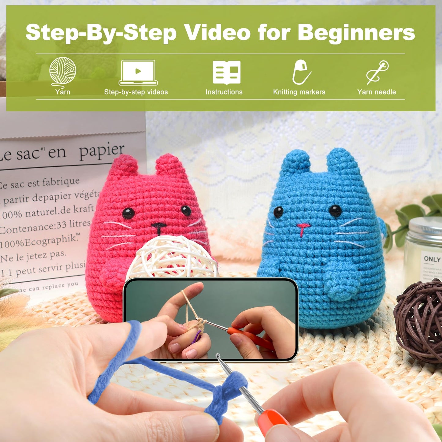 Crochet Kit for Beginners Crocheting: Crochet Animal Kits for Kids & Adults - Learn to Knitting Cat Amigurumi Starter Kit with Detailed Tutorial Video and Instructions (40%+ Yarn Extra)