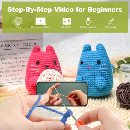 Crochet Kit for Beginners Crocheting: Crochet Animal Kits for Kids & Adults - Learn to Knitting Cat Amigurumi Starter Kit with Detailed Tutorial Video and Instructions (40%+ Yarn Extra)