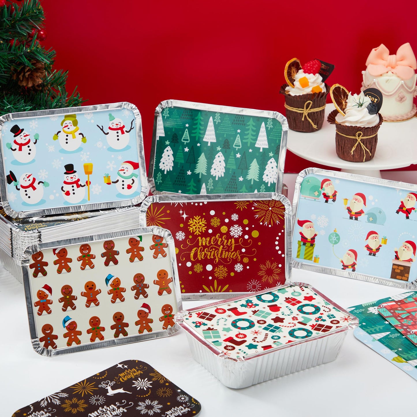 36 Pieces Christmas Foil Containers with Lid, 9 Holiday Designs, 6.5"x5"x2" Christmas Small Gift Bags Santa Sacks, for Holiday Leftovers Goodie Container or Cookie Exchange