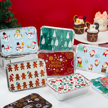 36 Pieces Christmas Foil Containers with Lid, 9 Holiday Designs, 6.5"x5"x2" Christmas Small Gift Bags Santa Sacks, for Holiday Leftovers Goodie Container or Cookie Exchange