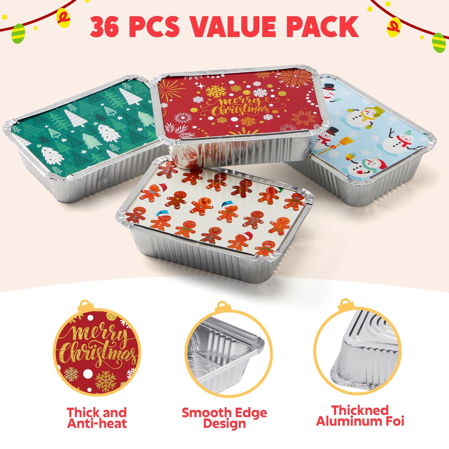 36 Pieces Christmas Foil Containers with Lid, 9 Holiday Designs, 6.5"x5"x2" Christmas Small Gift Bags Santa Sacks, for Holiday Leftovers Goodie Container or Cookie Exchange