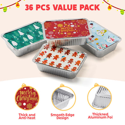 36 Pieces Christmas Foil Containers with Lid, 9 Holiday Designs, 6.5"x5"x2" Christmas Small Gift Bags Santa Sacks, for Holiday Leftovers Goodie Container or Cookie Exchange