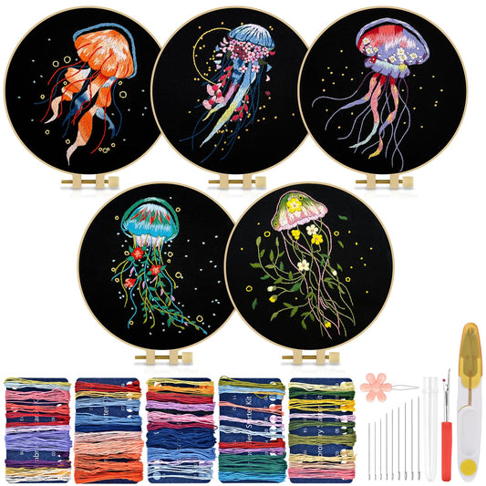 Embroidery Kit for Adults, 5 Sets Jellyfish Embroidery Kit for Beginners Include Embroidery Cloth Hoops Threads for Craft Lover Hand Stitch with Embroidery Skill Techniques