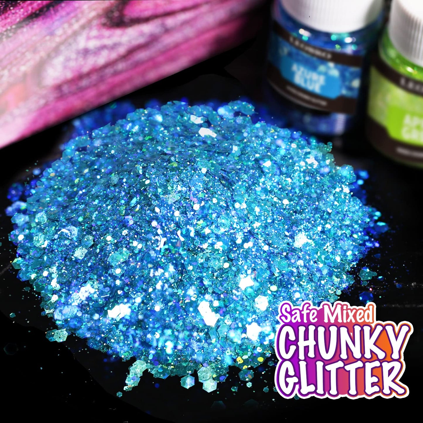 Holographic Chunky Glitter, 15 Colors Craft Glitter for Resin, Nail Body, Jewelry Arts and Crafts, with 5 Mixing Spoons