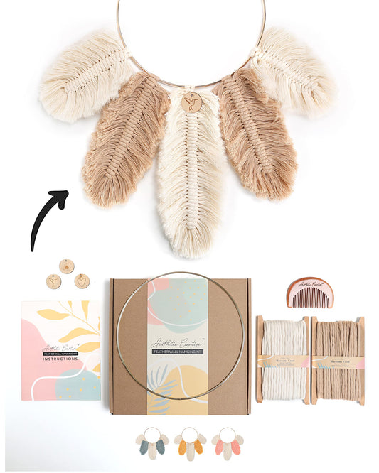 DIY Macrame Kit, Feather Dream Catcher Wall Hanging Kits for Teens & Adult Beginners, Craft Supplies for Boho Art Project-Macrame Cord, Gold Hoop, Accessories & Instructions (Khaki)