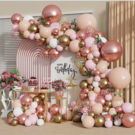 Rose Gold Balloon Garland Kit, Nude Pastel Pink Metallic Gold Matte White Balloons Gold and Rose Gold Confetti Balloons for Wedding Bridal Shower Princess Party Girl Birthday Baby Shower Decorations