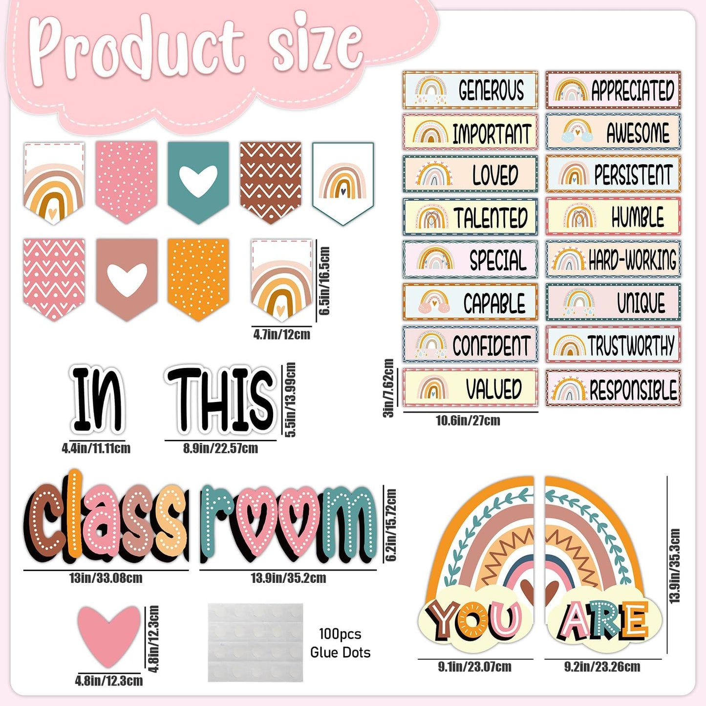 32pcs Classroom Bulletin Board Decorations Set - Boho Rainbow Motivational Words Cutouts Bulletin Decorations for Teachers School Classroom Bulletin Board