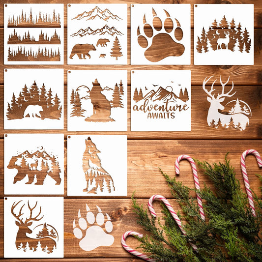 10 PCS Bear Deer Wolf Mountain Stencil Pine Tree Wildlife Forest Animal Stencils Template Wood Burning Stencils Reusable Patterns Moon Claw Stencil for Painting on Wood Crafts Wall (Forest Animal 1)