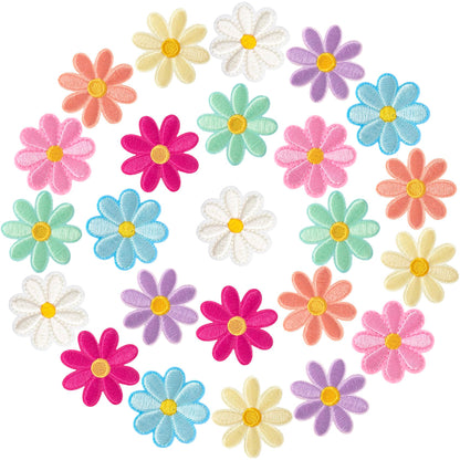24 Pcs Flower Iron on Patch, Cute Daisy Applique, Sew On Embroidered for Bags, Jackets, Jeans, Clothes DIY, 1.57x1.57inch (W*H), 8 Light Colors