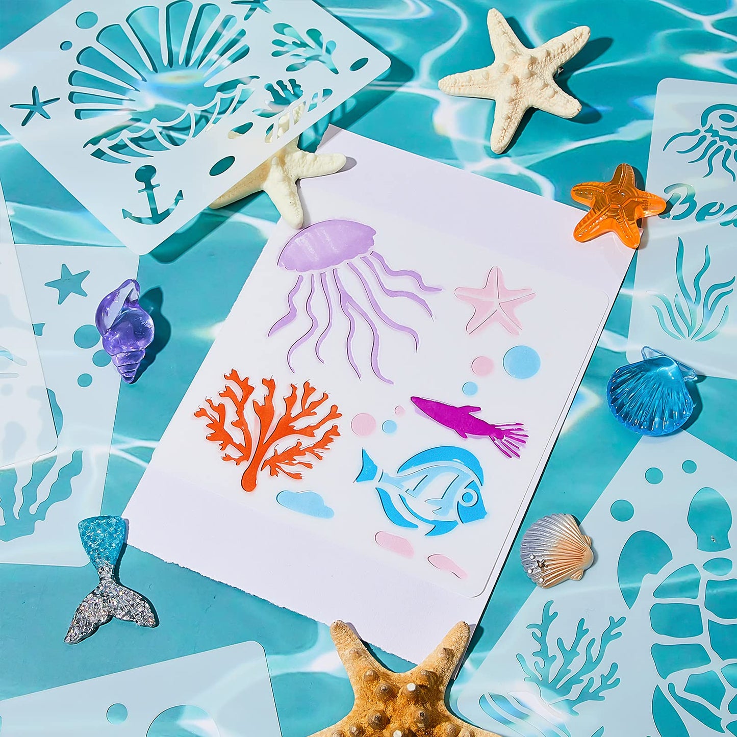 30 Pieces Sea Ocean Creatures Stencils 5 x 5 Inch Ocean Templates for Painting Sea Animal DIY Pattern Templates Mermaid Stencils on Wood for Scrapbooking Drawing Tracing Furniture Wall Crafts