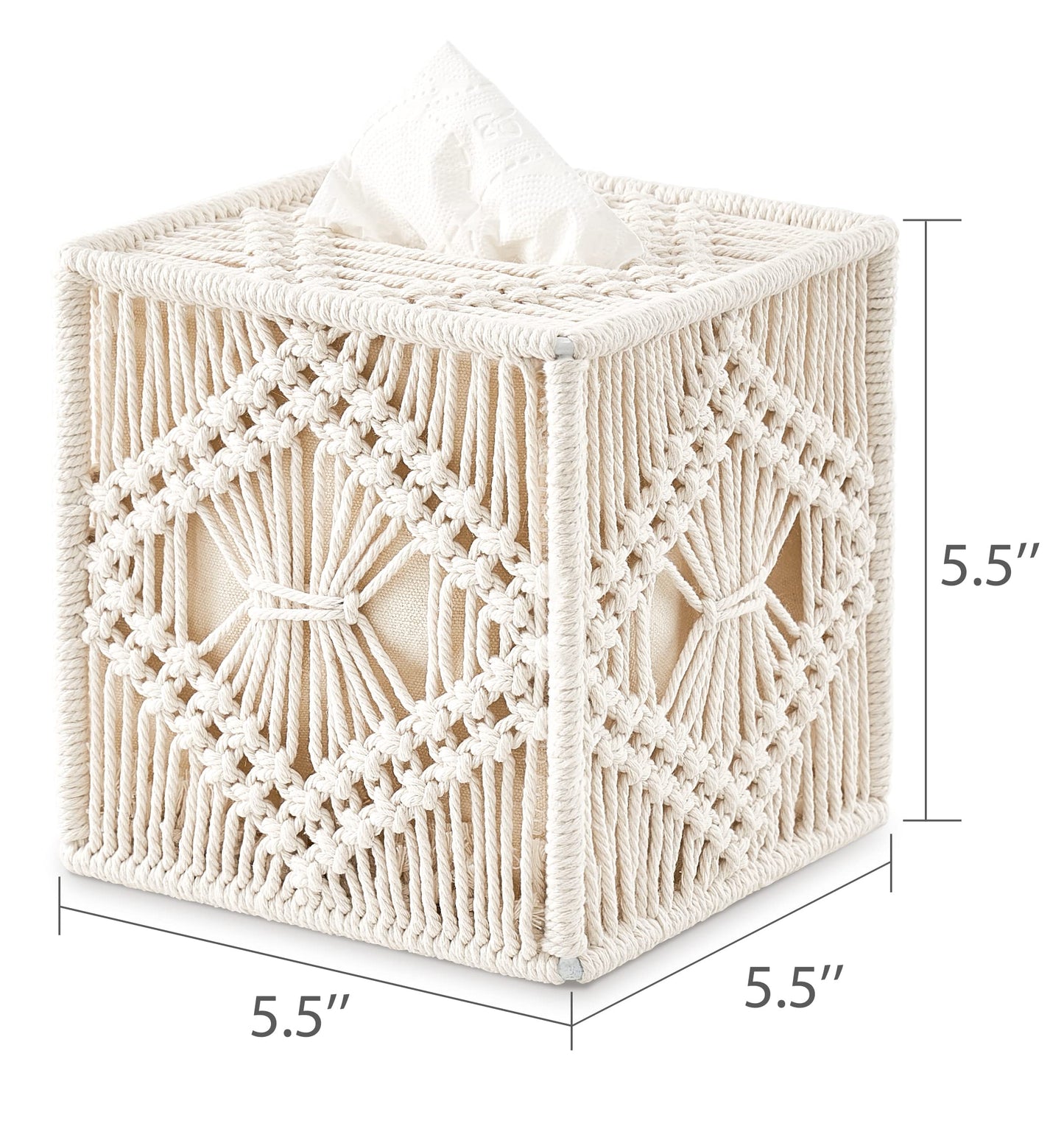 Tissue Box Cover Macrame Square Open-Bottom Tissue Box Holder Boho Decor Tissue Organizer Bohemian Handmade Woven Tissue Cube Box for Bathroom Bedroom Dresser Living Room Office Dorm