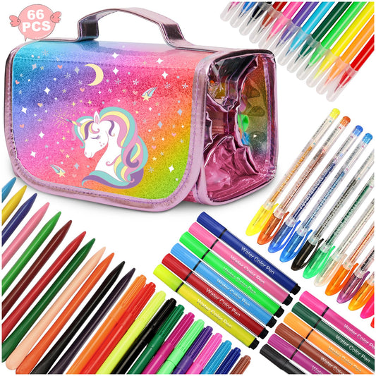 Markers Set Gifts for Girls: Coloring Scented Markers Kit with Unicorns Pencil Case - 66PCS Art Supplies Drawing Toys - Birthday Christmas Gift for Kids 4 5 6 7 8 9 10 Years Old