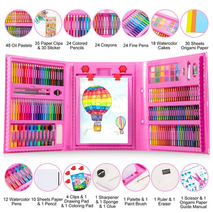 Art Supplies, 272 Pack Art Set Drawing Kit for Girls Boys Teens Artist, Deluxe Gift Art Box with Trifold Easel, Origami Paper, Coloring Book, Drawing Pad, Pastels, Crayons, Pencils, Watercolors(Pink)