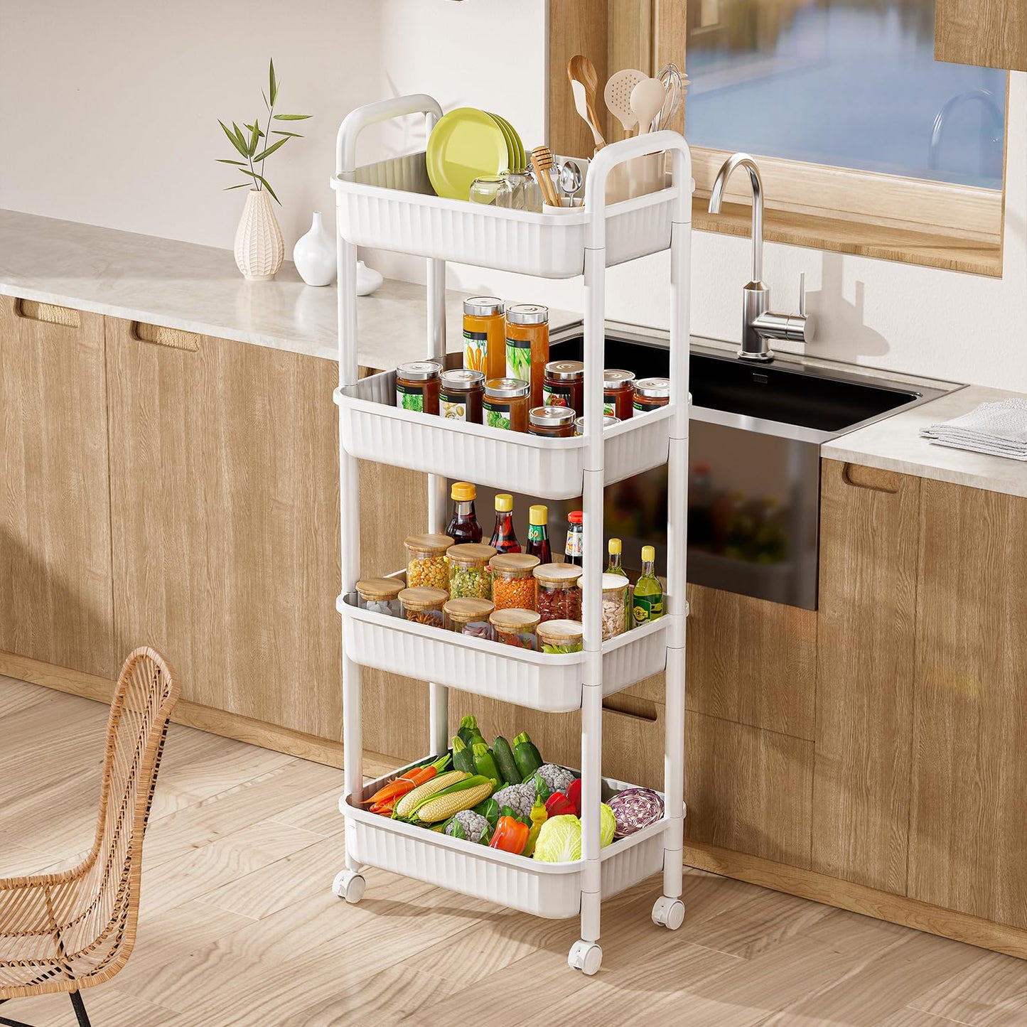 4 Tier Rolling Carts with Wheels, Utility Cart with Handle and Locking Caster, Storage Cart for Kitchen, Office, Bedroom, Suitable for Diaper, Art Tools, Snack, Craft Storage Cabinet, White