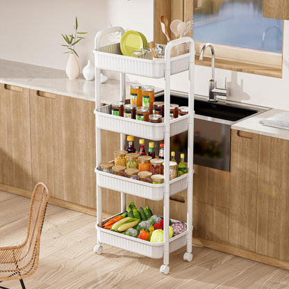 4 Tier Rolling Carts with Wheels, Utility Cart with Handle and Locking Caster, Storage Cart for Kitchen, Office, Bedroom, Suitable for Diaper, Art Tools, Snack, Craft Storage Cabinet, White