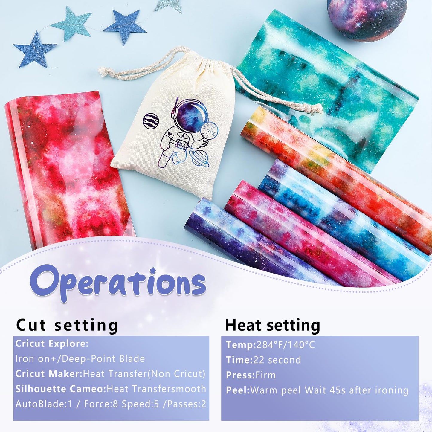 Glow in Dark HTV Heat Transfer Vinyl - 12x10 inch 6 Sheets Luminous Galaxy Iron on Vinyl Galaxy HTV Vinyl for T-Shirts DIY Compatible with Cricut or Silhouette Cameo