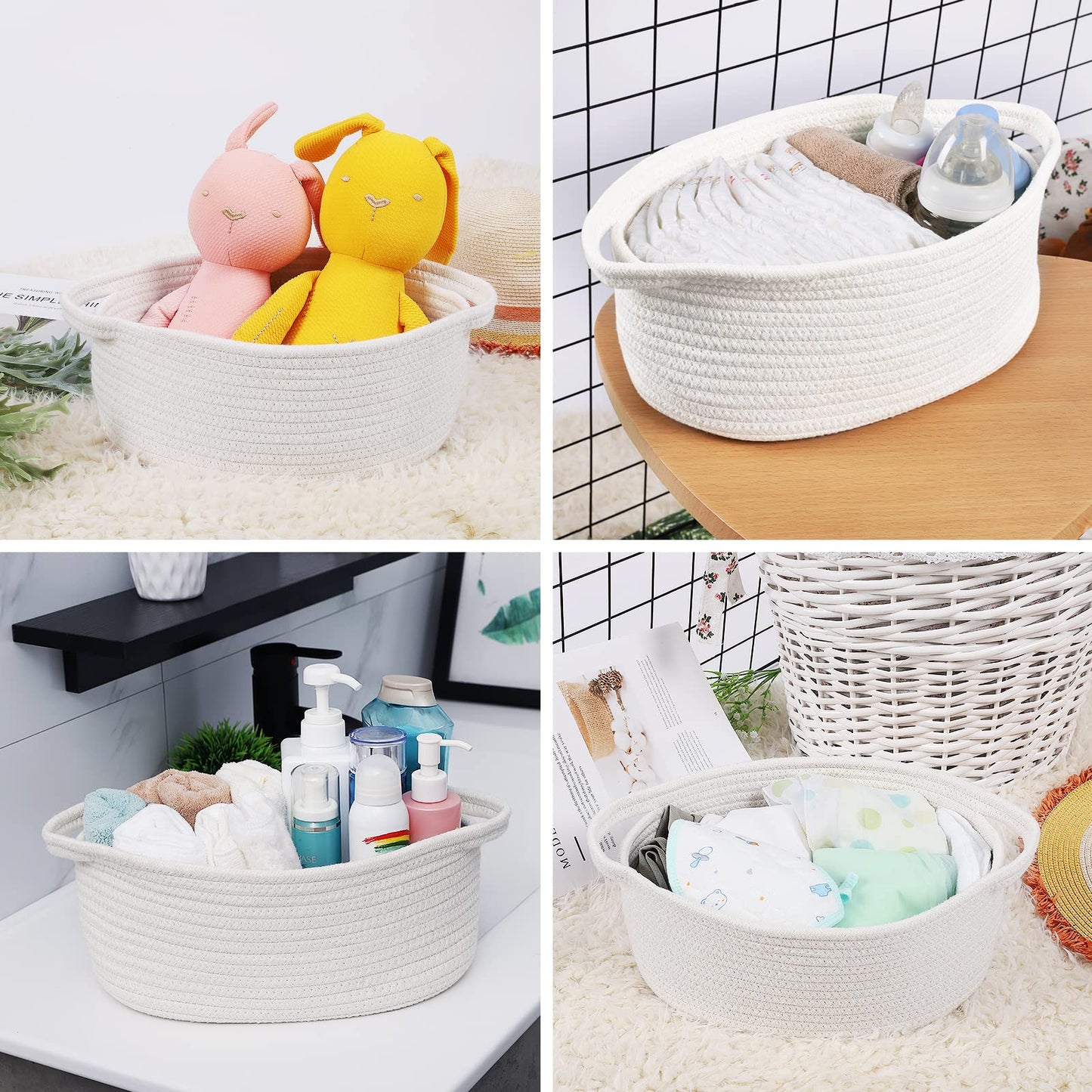 Small Baskets with Handles - Decorative Durable Rope Woven Shelf Storage Organizer Bin, Gift Basket for Mother's Day Easter Baby Shower, 12"x8"x5", White