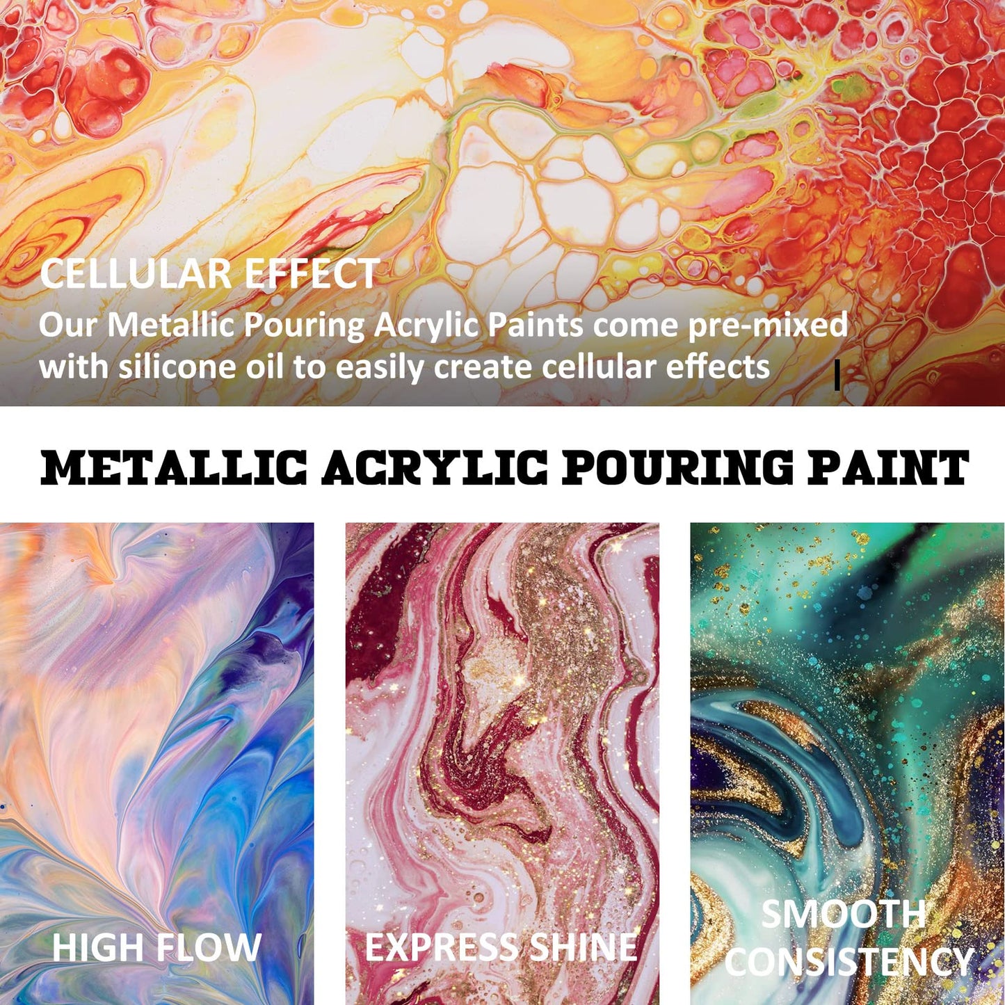 Metallic Acrylic Pouring Paint Set - Set of 18 Metallic Colors - Pre-Mixed High Flow & Ready to Pour - 2 oz./ 59 ml Bottles - Multi-purpose Paints for Canvas & Paper, Rocks, Wood and More