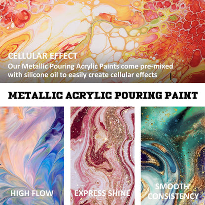 Metallic Acrylic Pouring Paint Set - Set of 18 Metallic Colors - Pre-Mixed High Flow & Ready to Pour - 2 oz./ 59 ml Bottles - Multi-purpose Paints for Canvas & Paper, Rocks, Wood and More