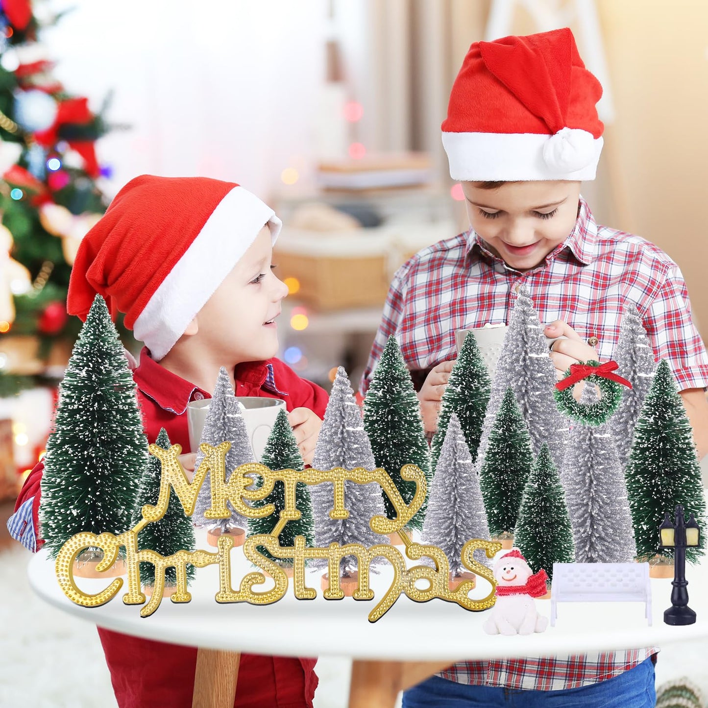 Mini Miniature Christmas Pine Tree Bottle Brush Trees Wooden Bases Tree for Your Village Desktop Xmas Holiday Party (Silver/Green 30pcs)