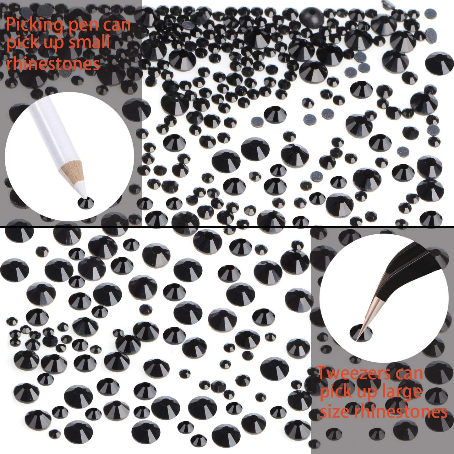 6400 Pieces Hotfix Rhinestones Black Flat Back 5 Mixed Sizes Crystal Round Glass Gems with Tweezers and Picking Rhinestones Pen