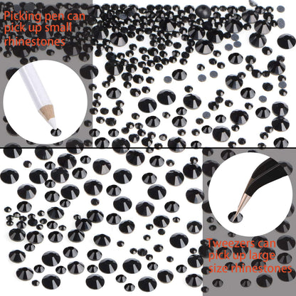 6400 Pieces Hotfix Rhinestones Black Flat Back 5 Mixed Sizes Crystal Round Glass Gems with Tweezers and Picking Rhinestones Pen