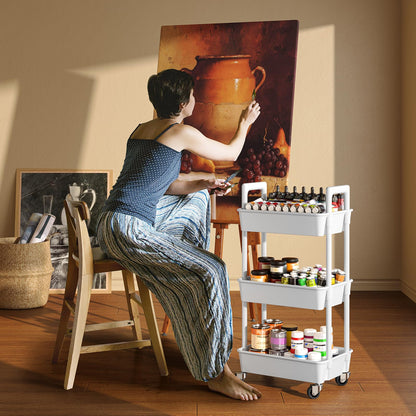 3 Tier Rolling Cart Organizer, Plastic Rolling Cart with Lockable Wheels & Reinforced Handle, Lightweight Utility Cart Storage Cart for Nursery, Kitchen, Bathroom, Craft Room, White, PIUC14W