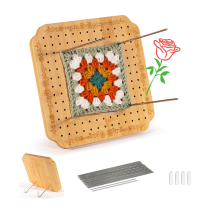 7.6 in Blocking Boards for Crochet Projects with Rose Pattern, Crochet Blocking Board with Pegs, Granny Square Blocking Board with 20 Stainless Steel Pegs, Bamboo