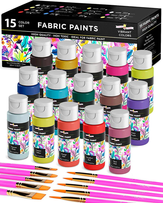 Permanent Fabric Paint for Clothes, 16 Colors for Canvas, Textile, Fabric Paint Set - Child Safe Paint for Fabric with 10 Brushes & Storage Box (60ml each)