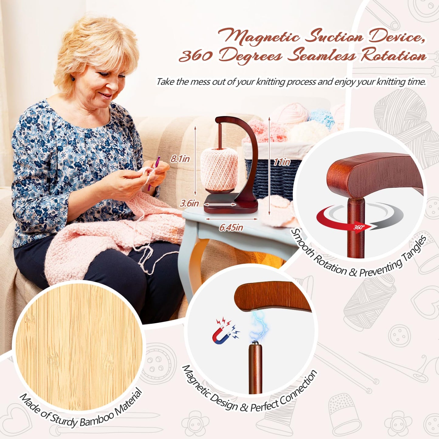 Wooden Yarn Holder for Knitting and Crocheting, Magnetic Yarn Ball Holder with Anti-Slip Pads, Yarn Holder Spinner for DIY Crafts, Crochet Gift for Knitting Lovers