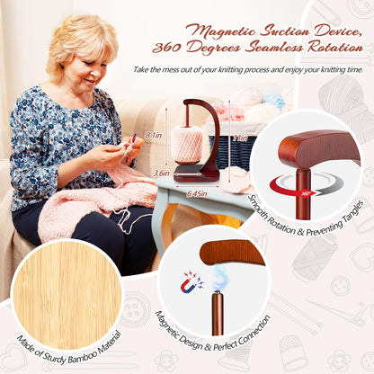 Wooden Yarn Holder for Knitting and Crocheting, Magnetic Yarn Ball Holder with Anti-Slip Pads, Yarn Holder Spinner for DIY Crafts, Crochet Gift for Knitting Lovers