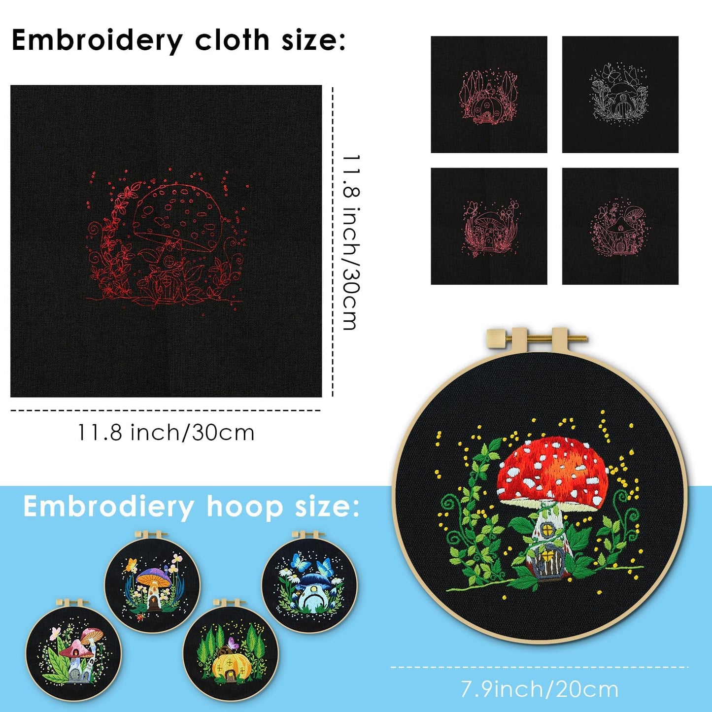 5 Sets Embroidery Kit for Beginners, Art Craft Handy Sewing Set Mushroom Cross Stitch Starter Kits, DIY Embroidery Kits with Patterns and Instructions Hoops Needles Threads