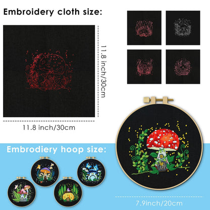 5 Sets Embroidery Kit for Beginners, Art Craft Handy Sewing Set Mushroom Cross Stitch Starter Kits, DIY Embroidery Kits with Patterns and Instructions Hoops Needles Threads