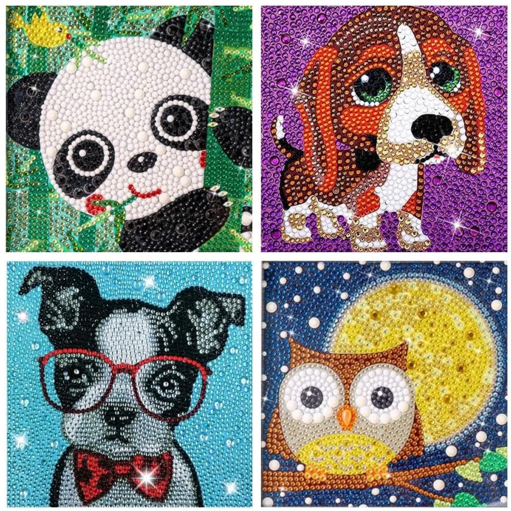 Diamond Painting Kits for Kids, 4Pcs Kids Diamond Art Animal 5D Diamond Gem Art by Number Dotz Kits Art and Crafts for Kids Ages 6-8-10-12 Girls Boys for Birthday Halloween