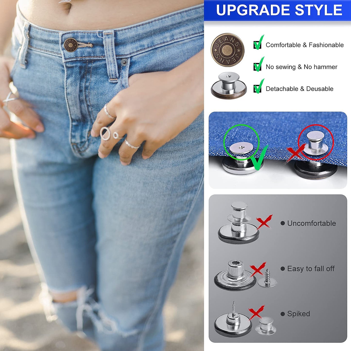 12 Sets Adjustable Buttons for Jeans, 20mm No Sew Instant Metal Buttons, Removable Jean Buttons Replacement Repair Kit with Threads Rivets and Screwdriver
