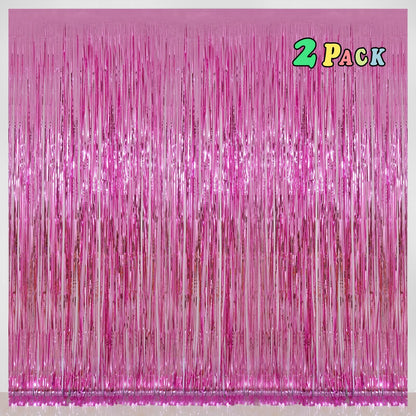 Pink Foil Fringe Curtains Tinsel Backdrop, Melsan 3.2 x 8 ft Metallic Tinsel Curtains Party Decorations for Baby Shower,Babbie, Mermaid Themed Birthday Party Backdrop - Pack of 2