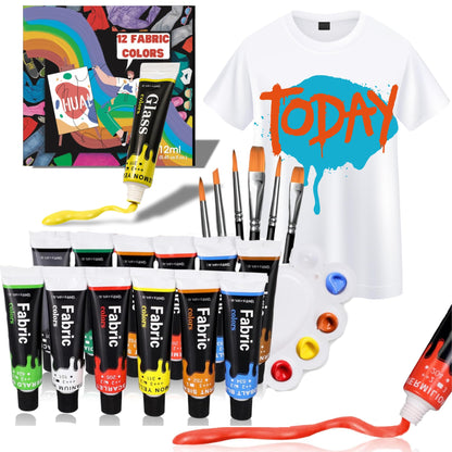 Fabric Paint Set for Clothes with 6 Brushes, 1 Palette, 12 Colors (12ml, 0.4oz) - Permanent Textile Paint Puffy Paint Kit for Shoes, Canvas - Non-Toxic Slick Painting Set for Adults, Beginner & Artists